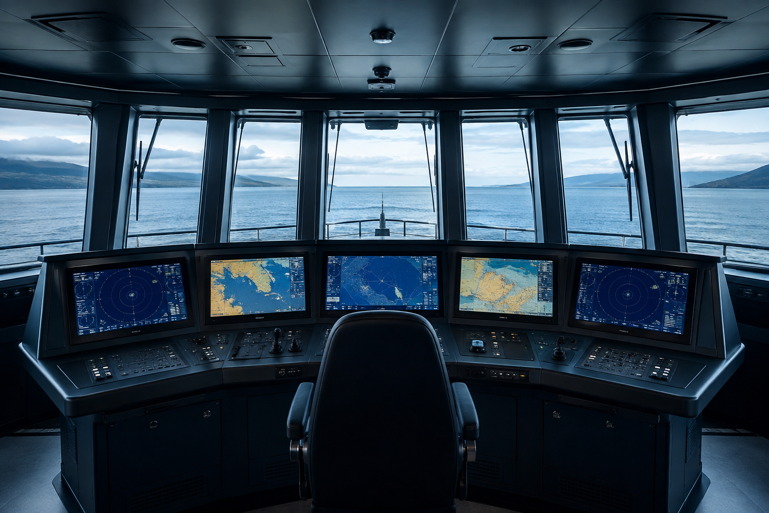 Navigation consoles inside a naval ship bridge