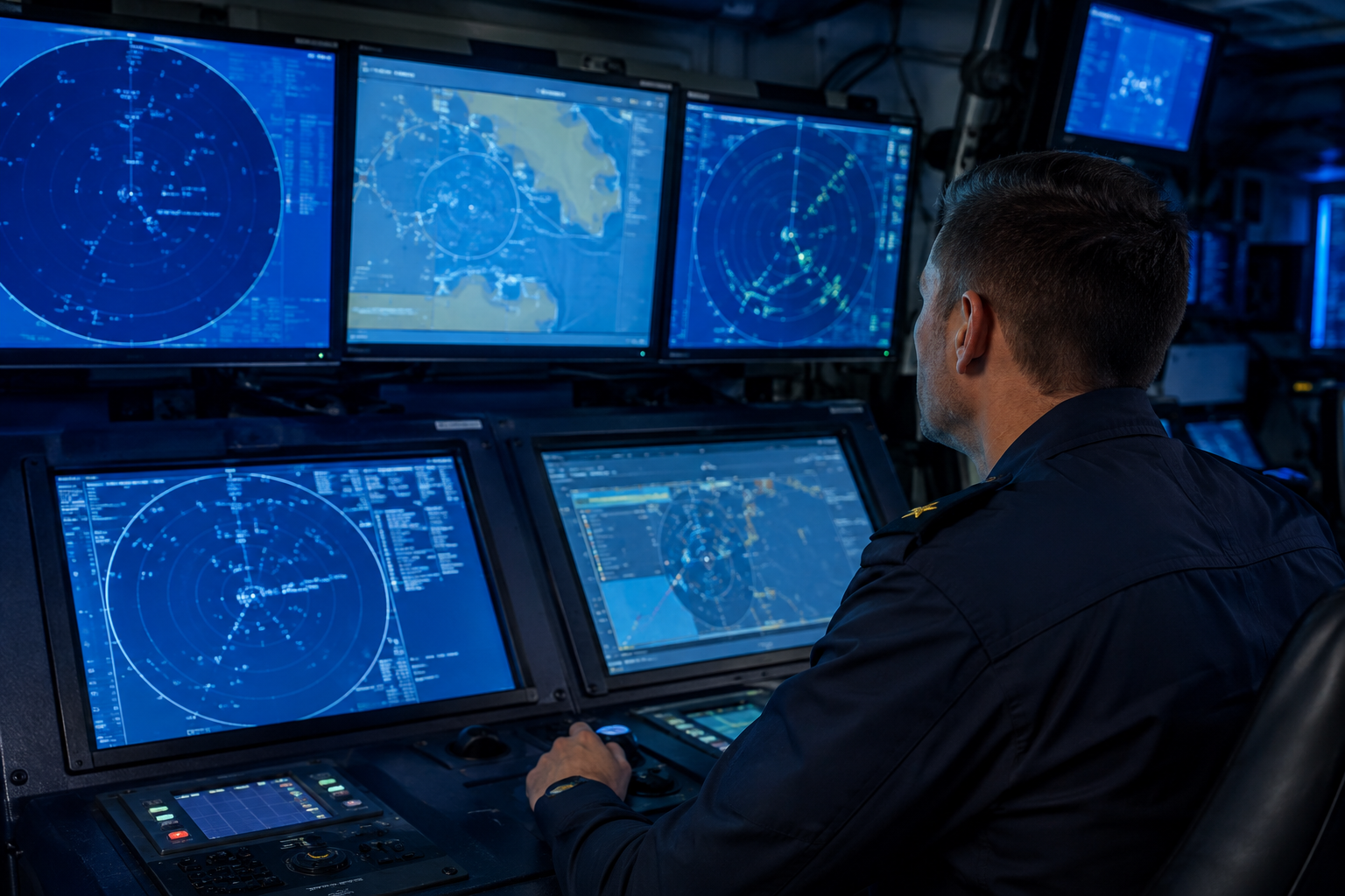 Operator monitoring tactical screens in a naval control room