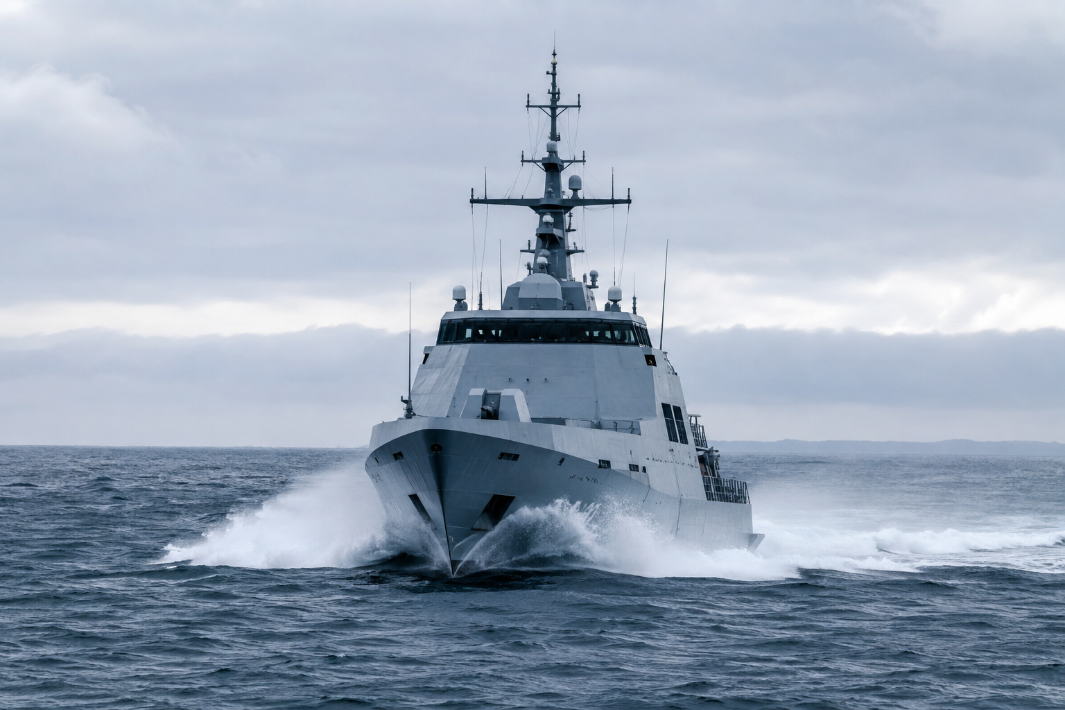 Naval vessel advancing through sea spray