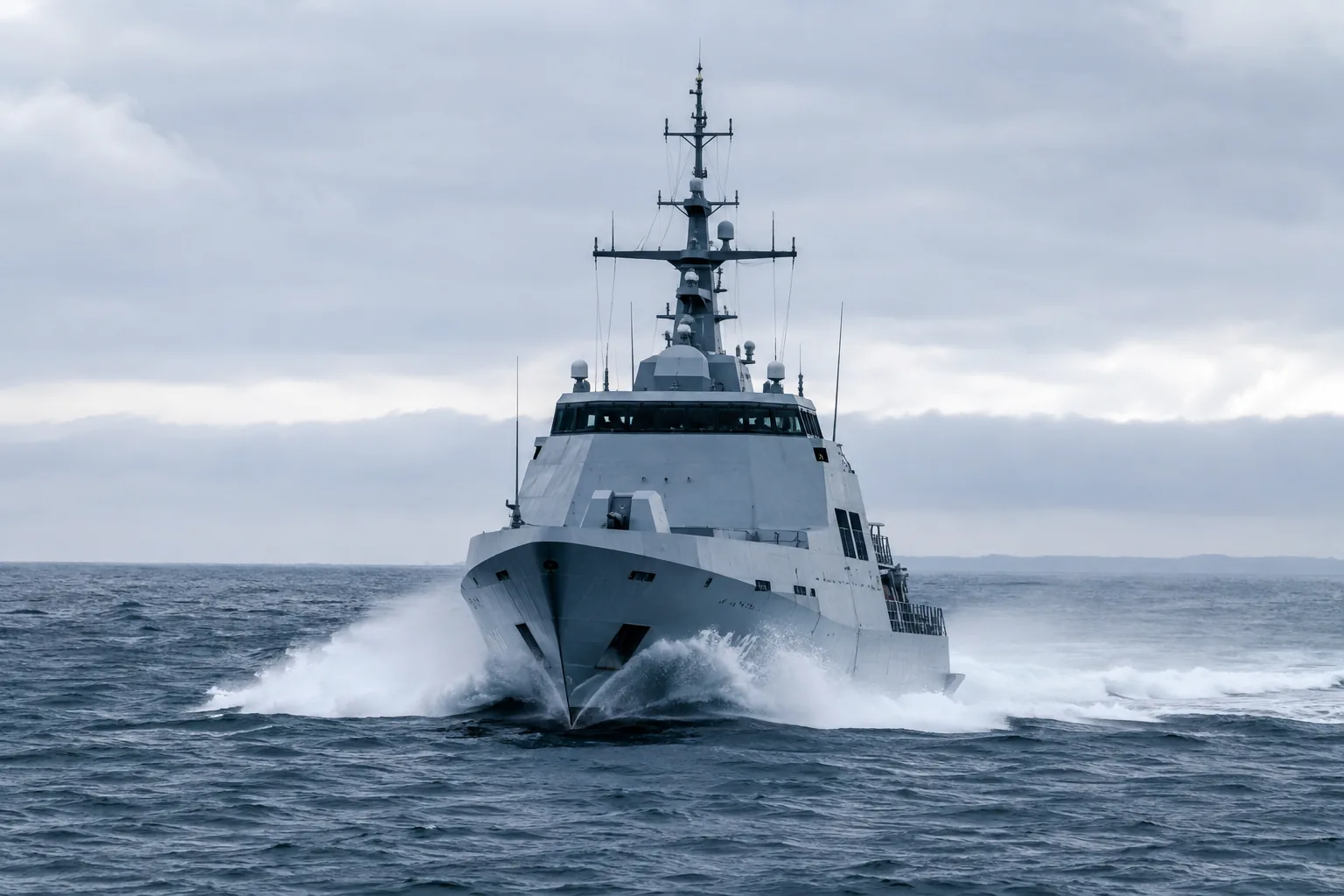 Naval vessel advancing through sea spray