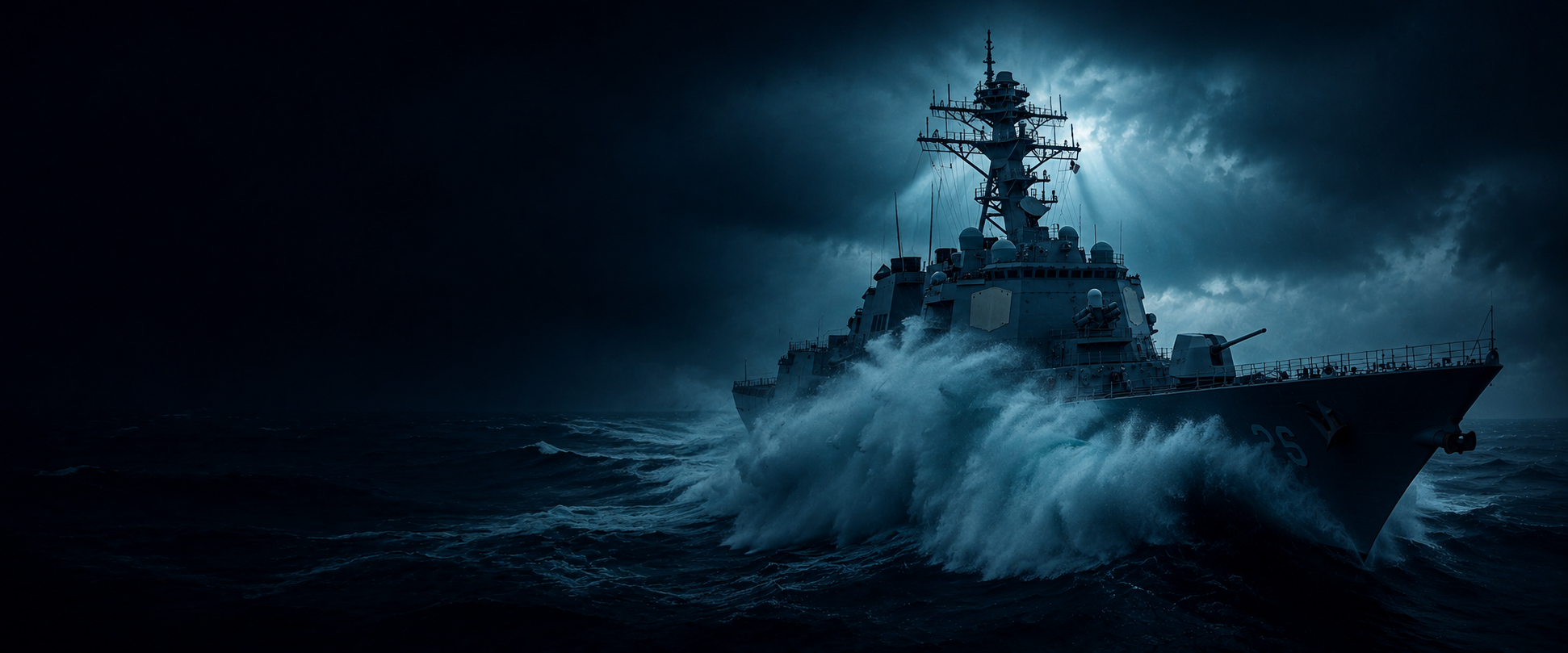 Naval vessel at sea under a dramatic blue sky