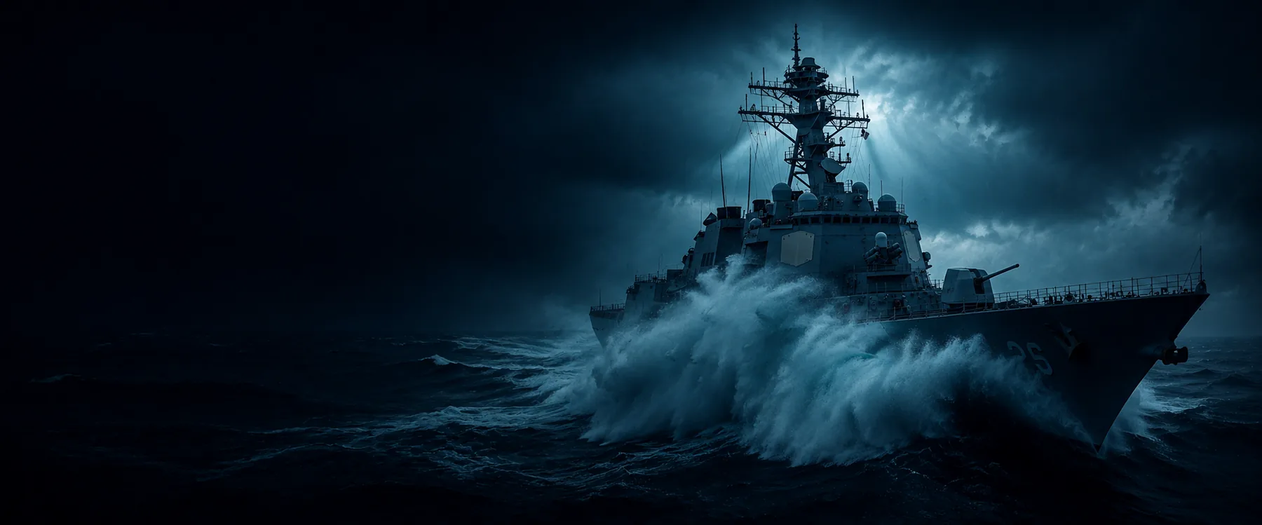 Naval vessel at sea under a dramatic blue sky